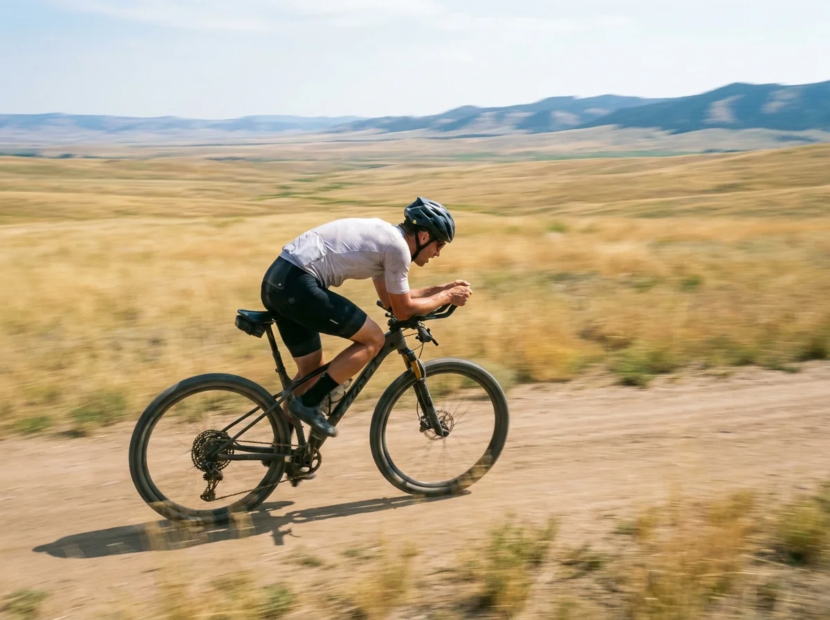 Cyclist racing in an aero posture along a fast open cross-country trail