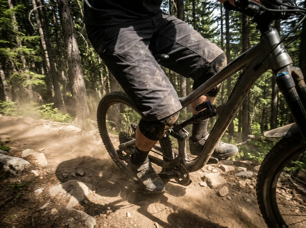 Close-up of a rider wearing downhill gravity MTB shorts on a bike park descent