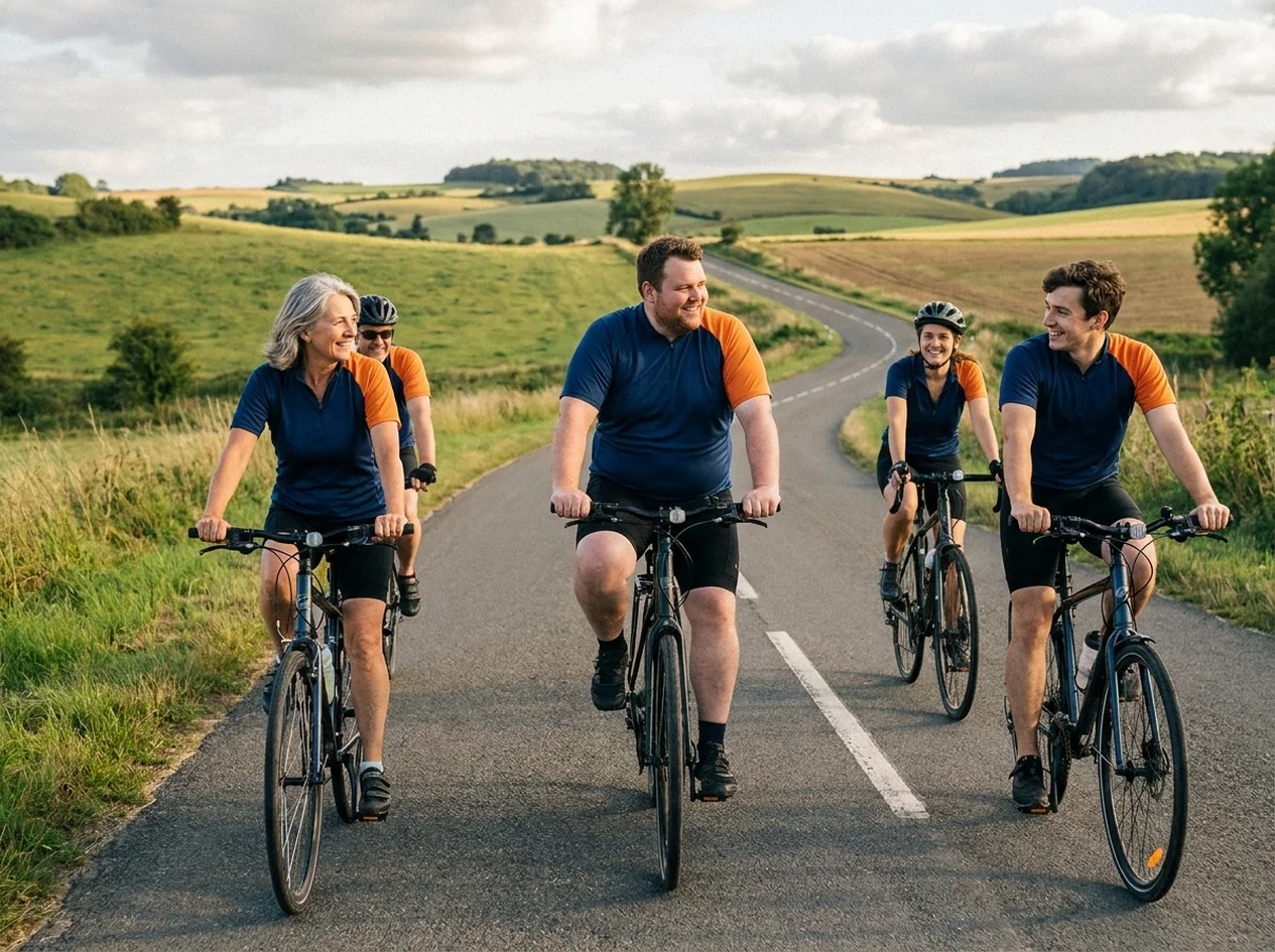 Group of recreational cyclists of different body types wearing relaxed club-fit jerseys