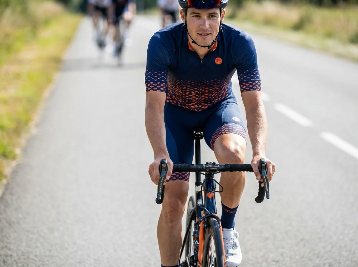 Cyclist wearing a performance-fit jersey balancing a relaxed and close-to-body cut