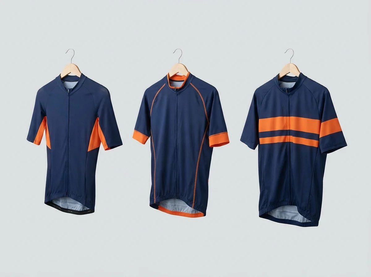 Three cycling jerseys with different fit cuts hung side by side for comparison