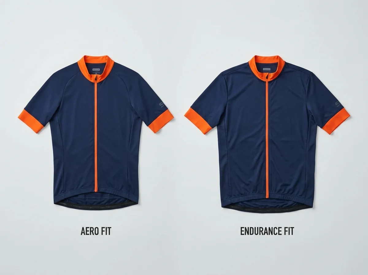 Two finished road cycling jerseys with different cuts laid side by side for a product review