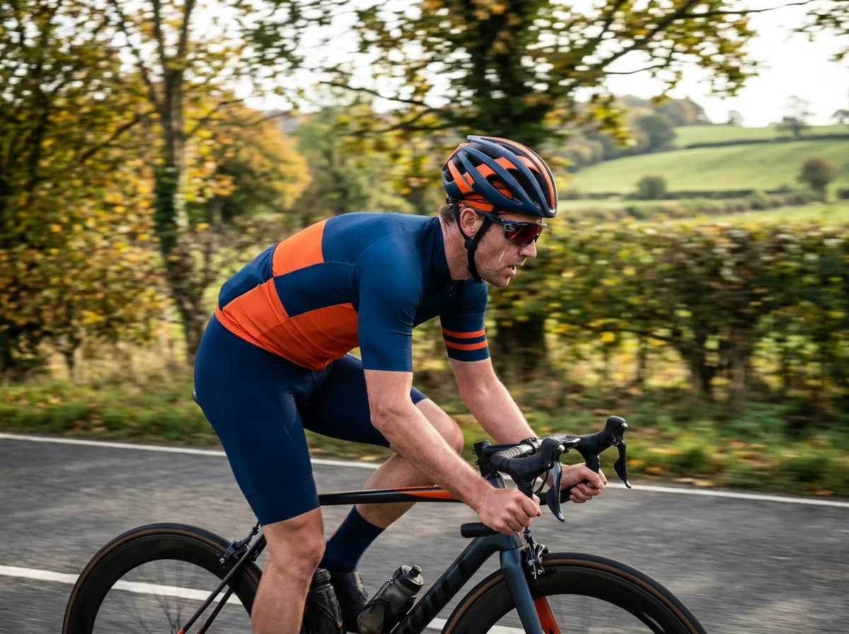 Road cyclist racing in a custom navy and orange jersey developed for race performance