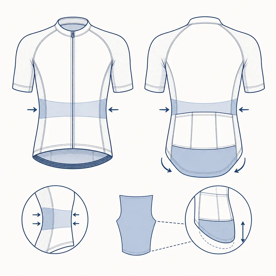 Technical fit diagram showing jersey panel lines mapped to rider body movement
