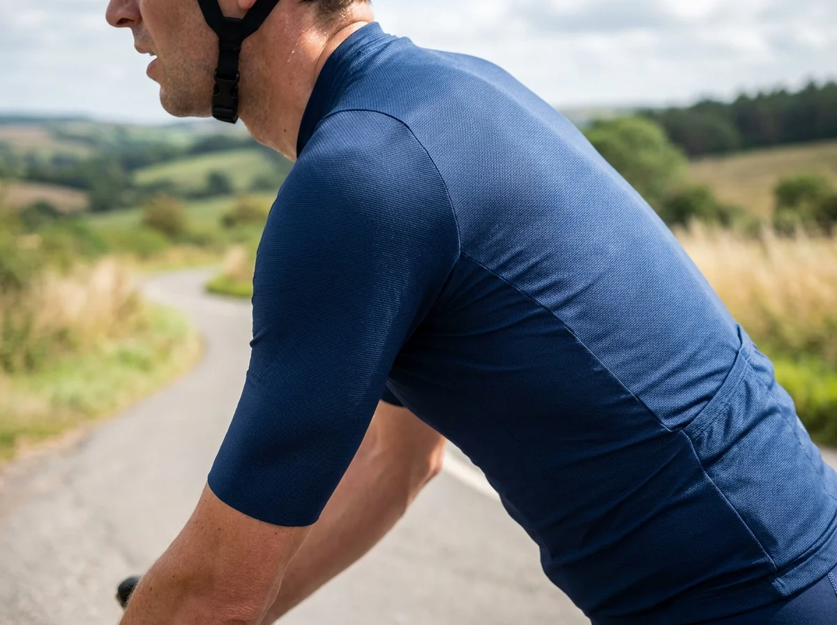 Close-up of lightweight cycling jersey fabric and seam detail on a rider in motion