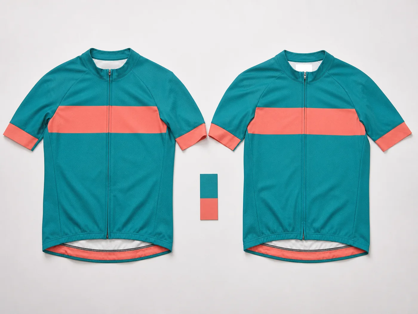 Two production batches of the same cycling jersey colorway compared under consistent lighting