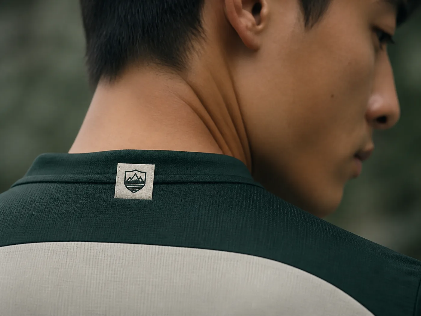 Woven brand label sewn into a garment neck