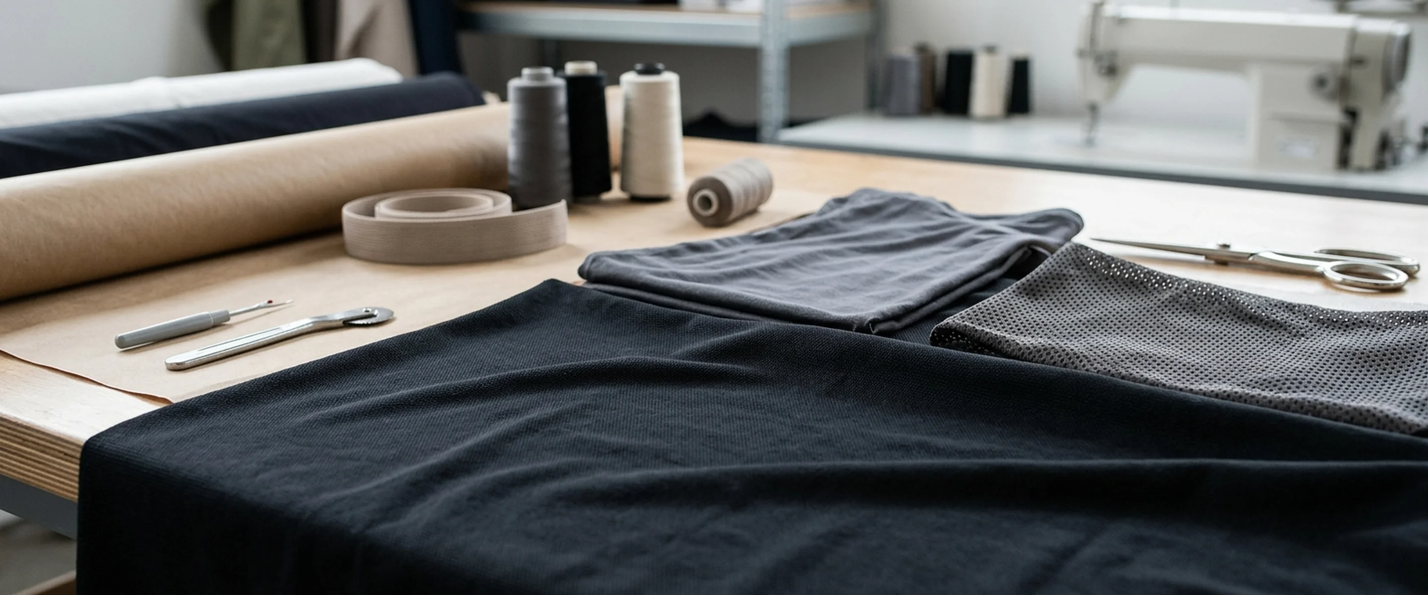 Near-black technical knit seen full width, its creases just catching the light