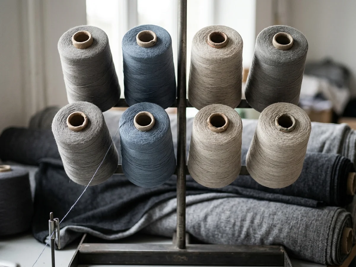 A creel of thread cones standing over an industrial sewing line