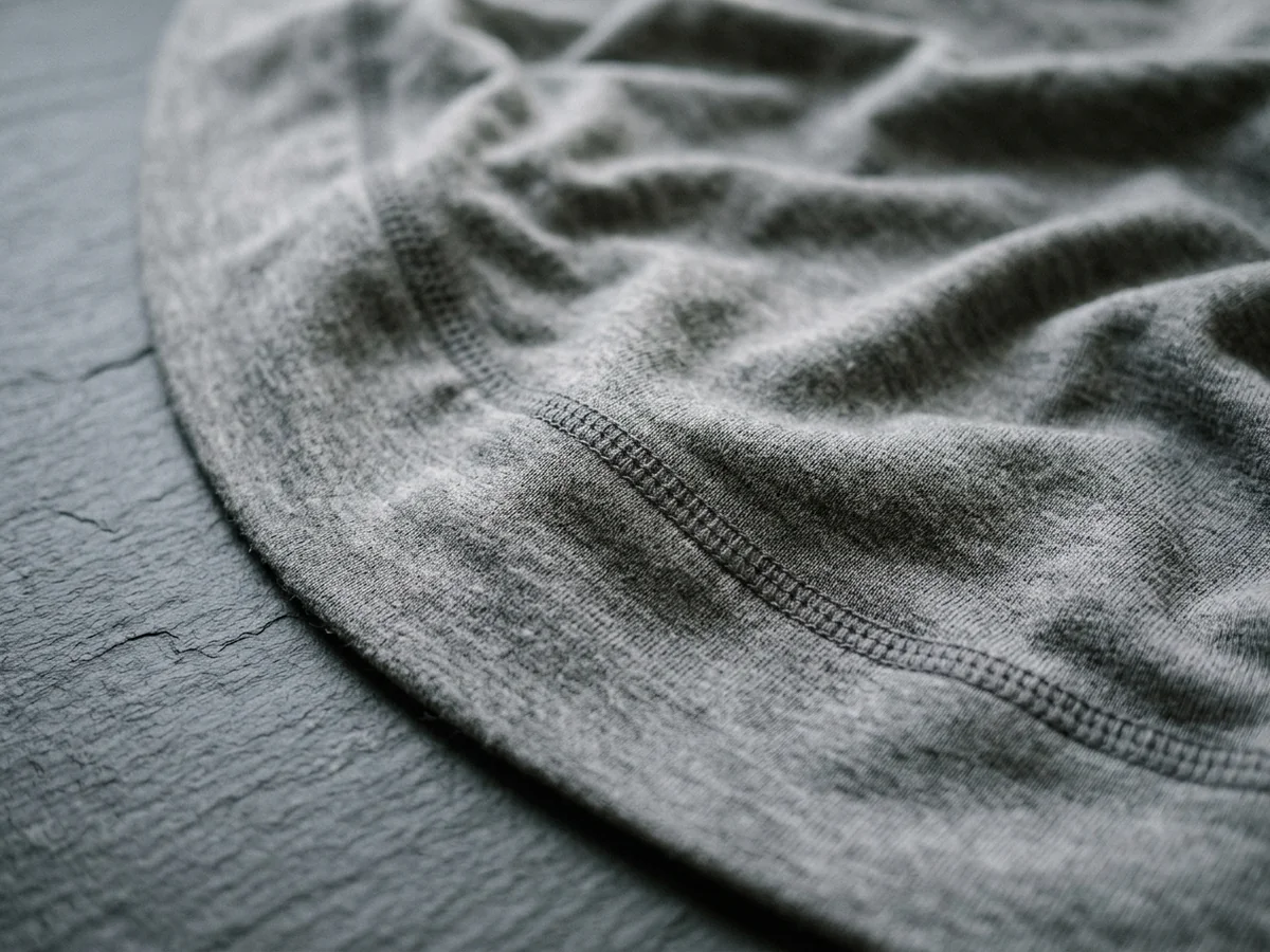 The same grey performance knit relaxed into settled creases on the same dark slate, the seam now curving with the cloth, no tools in frame