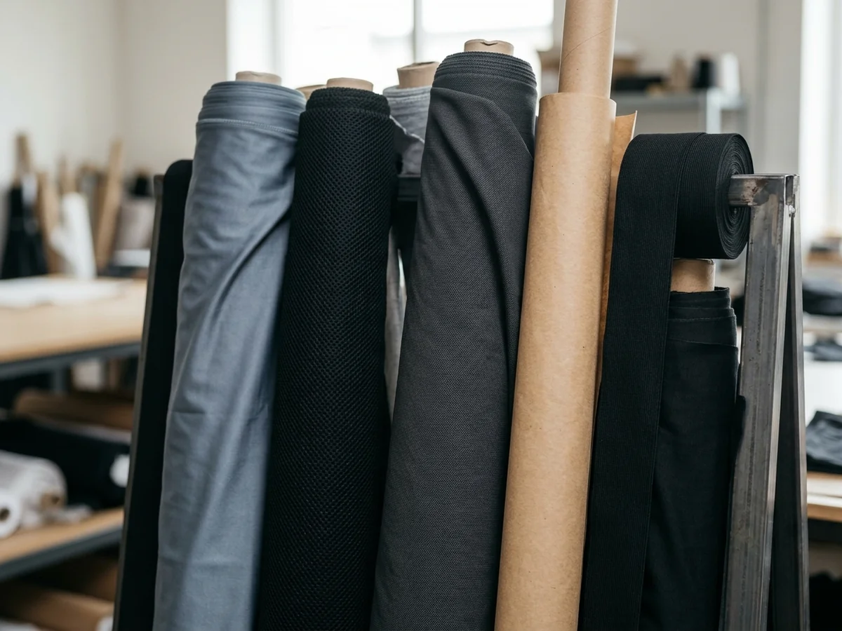 Rolled panel stock standing on a cutting-room rack, ready to be cut