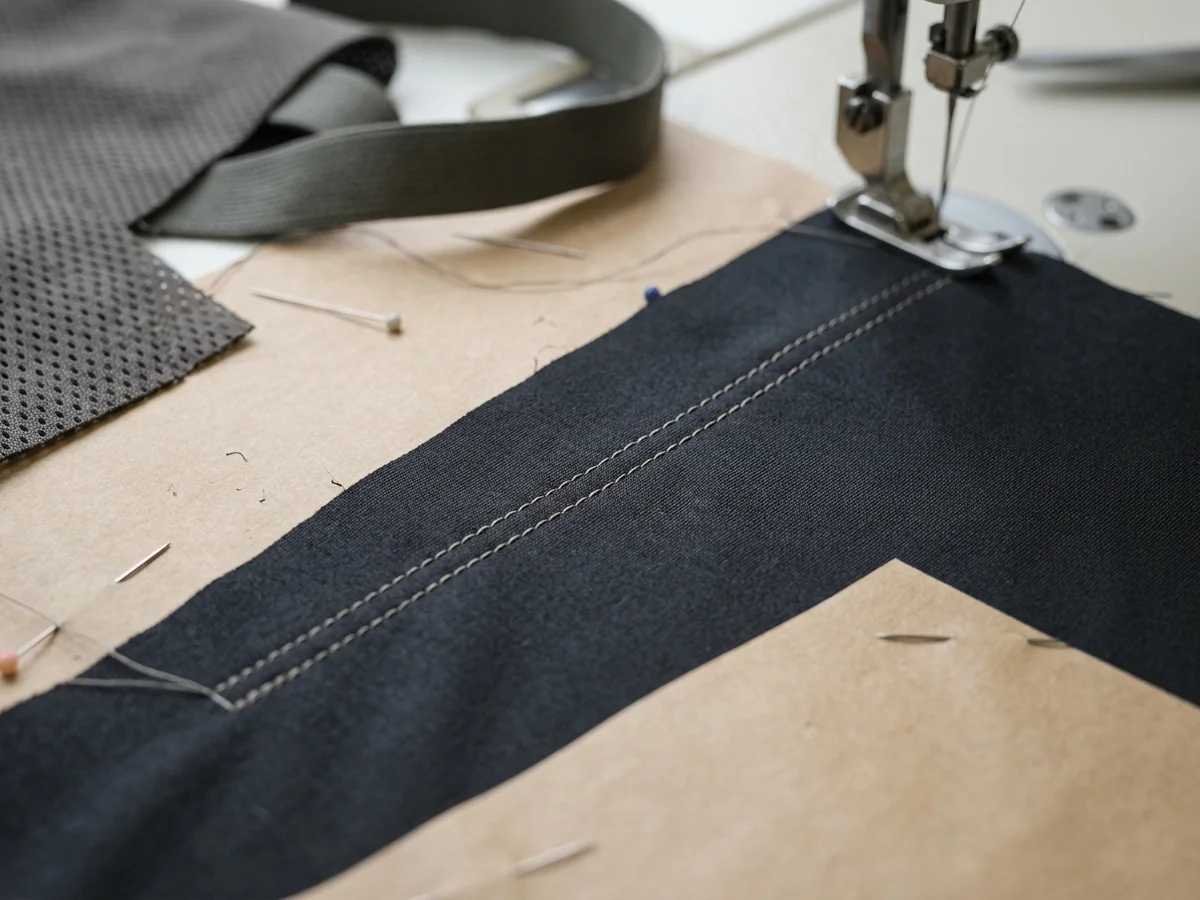 A twin-needle stitch line running across cloth, seen close