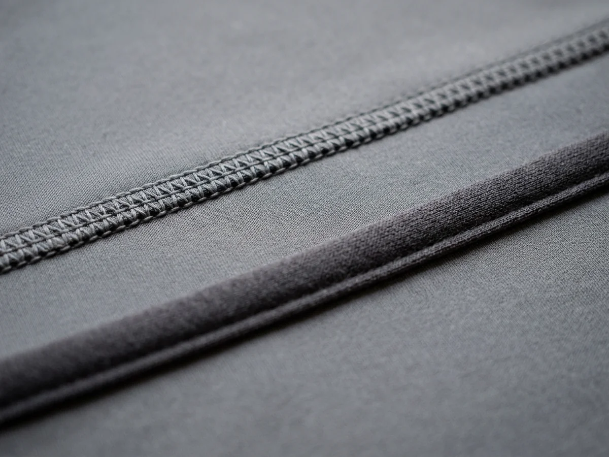 Macro of a flatlock stitch line running parallel to a raised bound edge, with plain undisturbed knit separating the two along their whole length