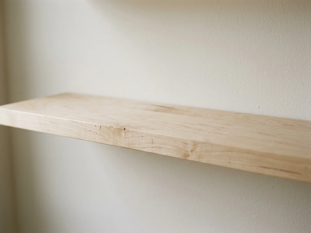 One completely empty pale birch shelf, bare, with nothing on it