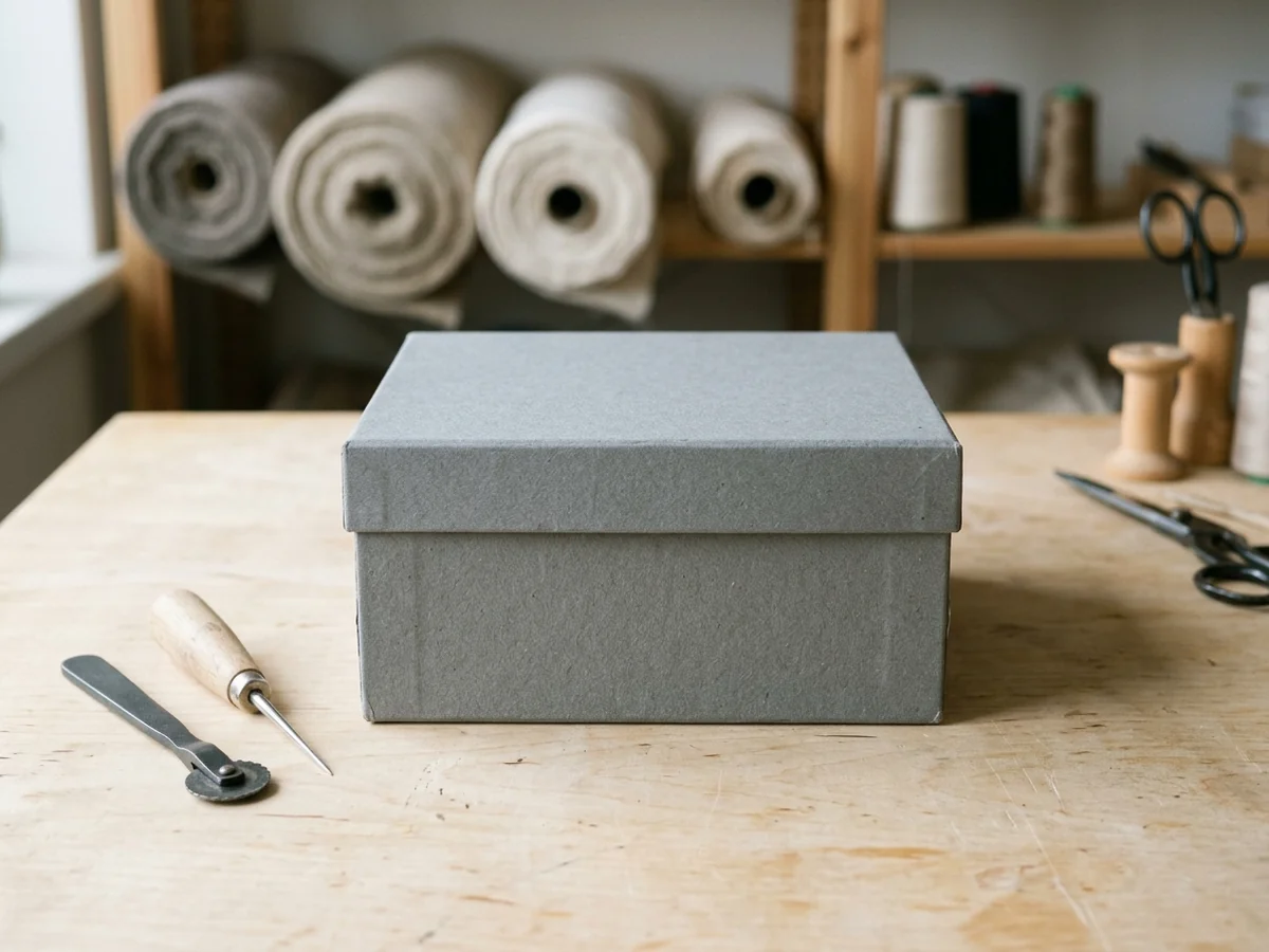 A plain rigid grey box sitting closed and unlabelled on a pale birch surface