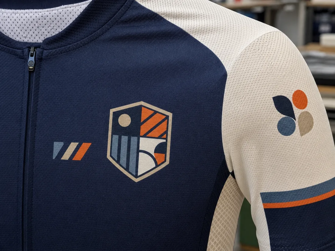Sponsor and club crest logo placement on a cycling jersey