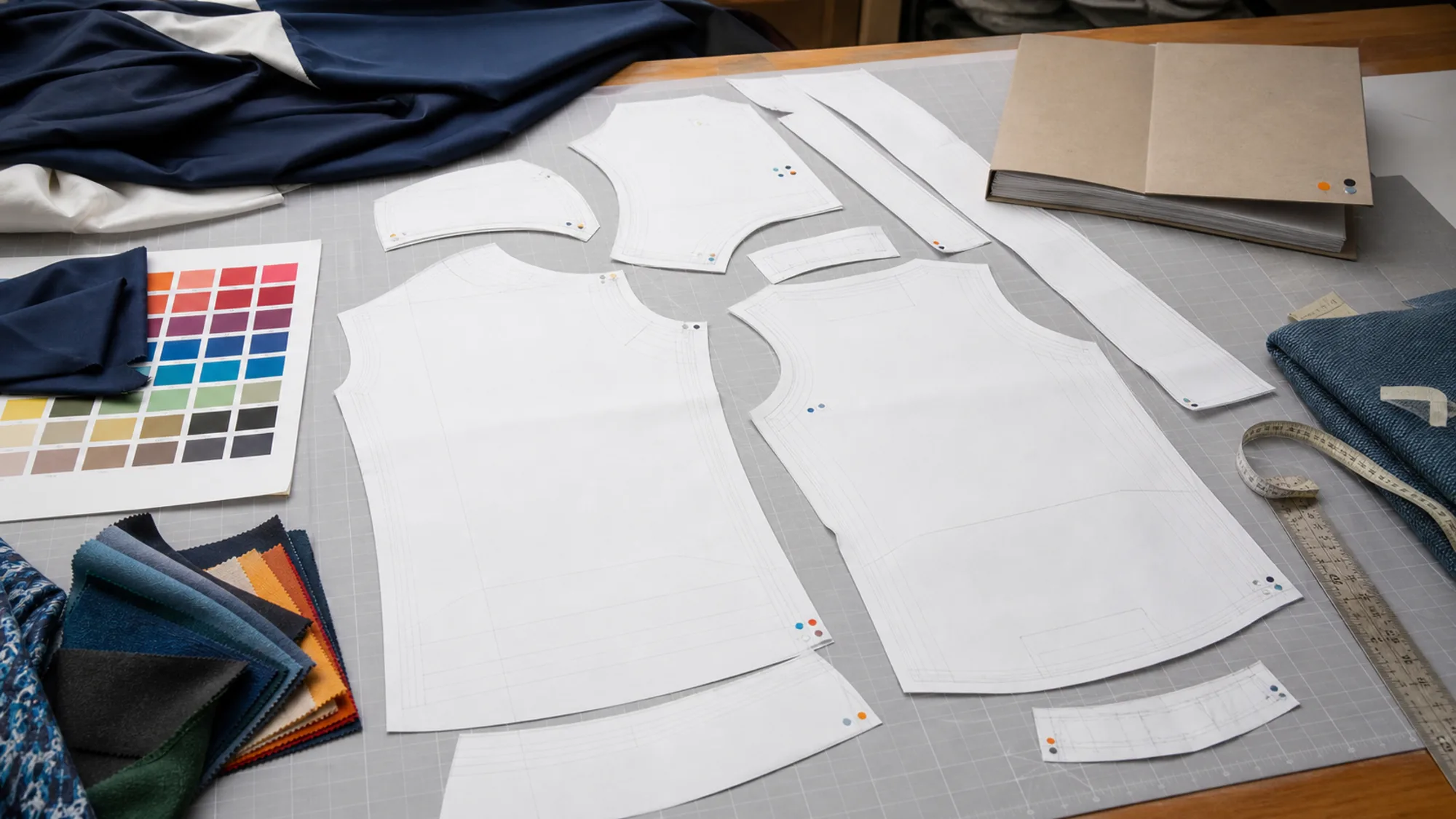 Cycling kit pattern file workspace with graded pattern pieces and a colorway reference