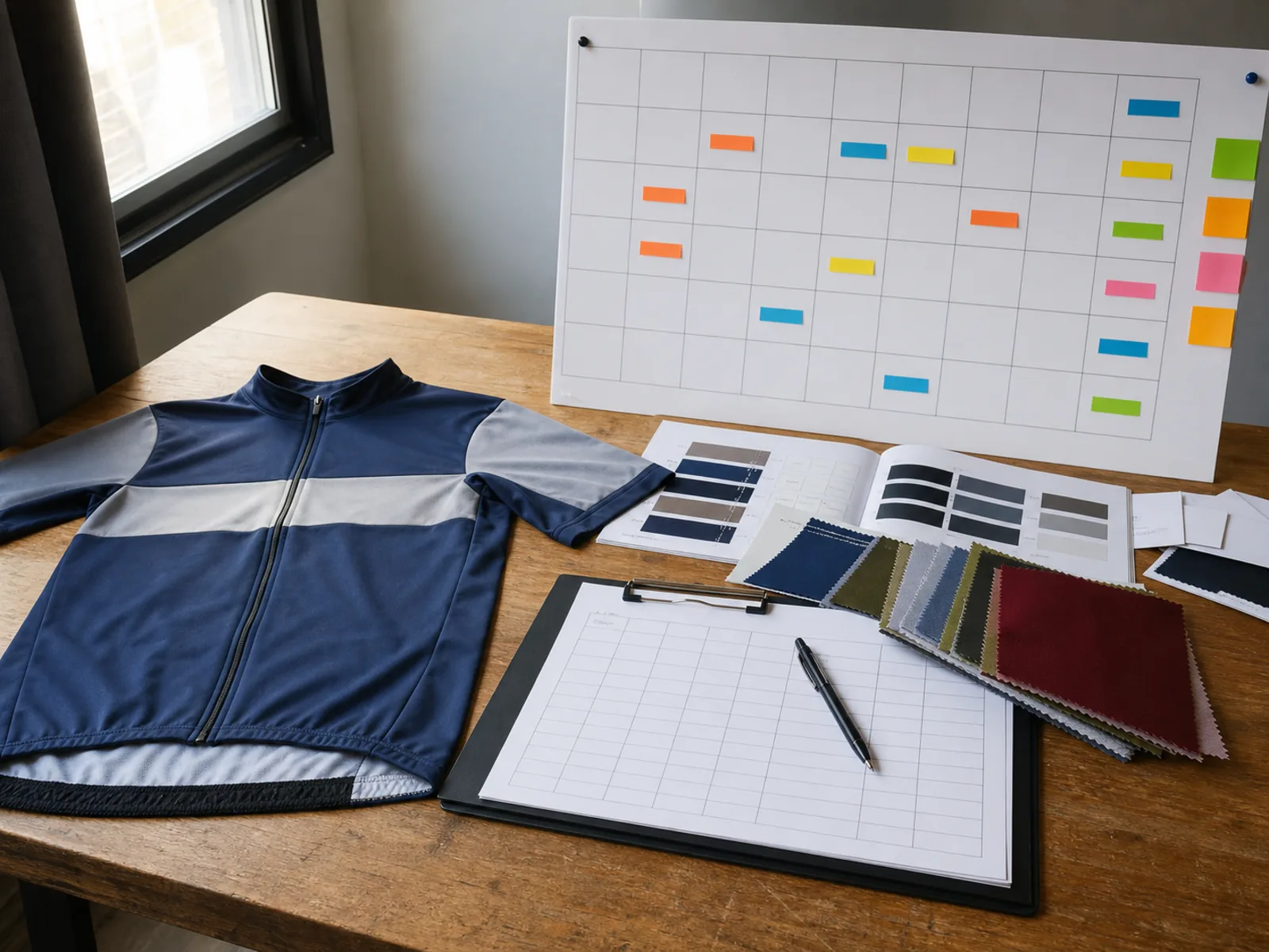 Season production schedule planning desk with a calendar and order sheet