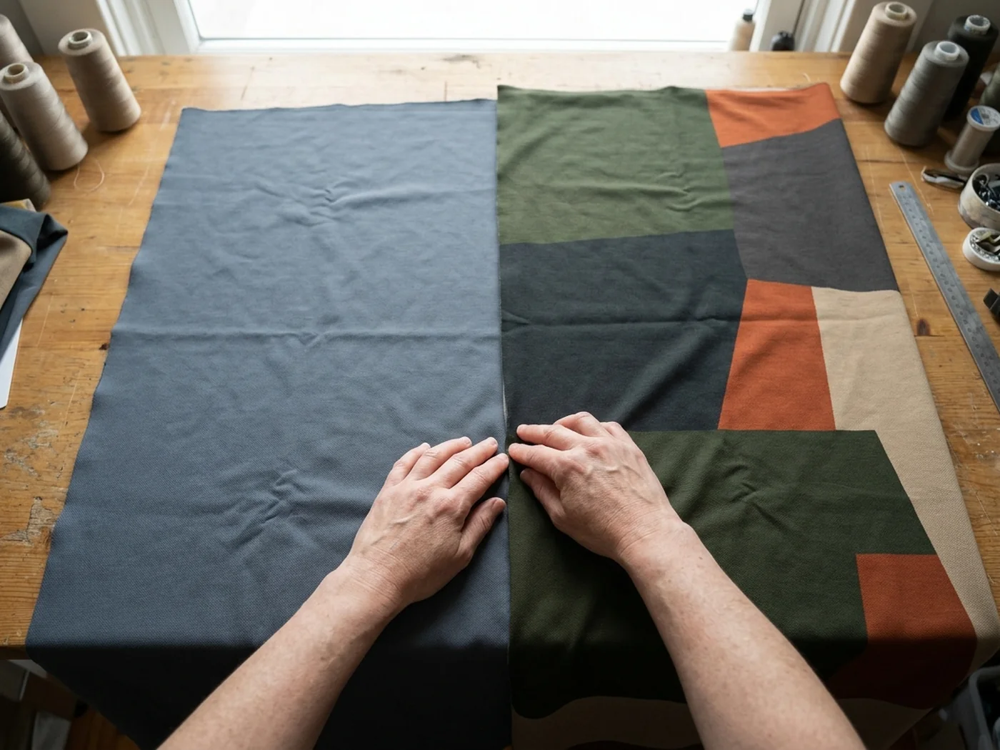 Patterned cloth from a production run, one club's accent repeated across squads