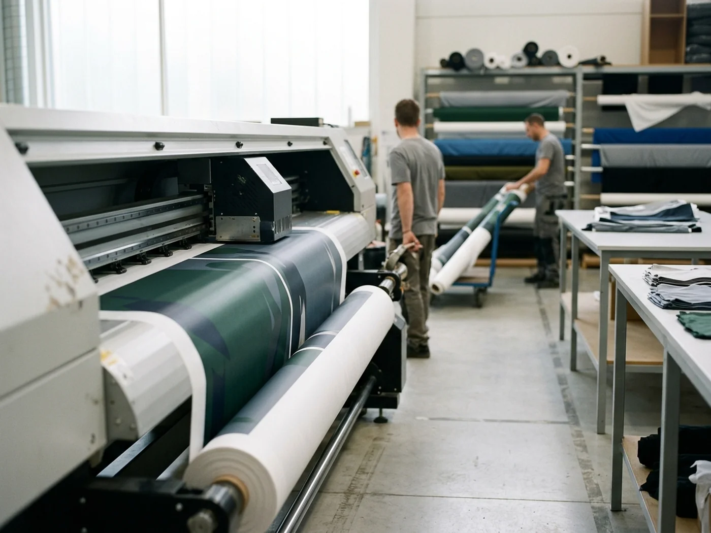 A printing head running across transfer paper on a production machine