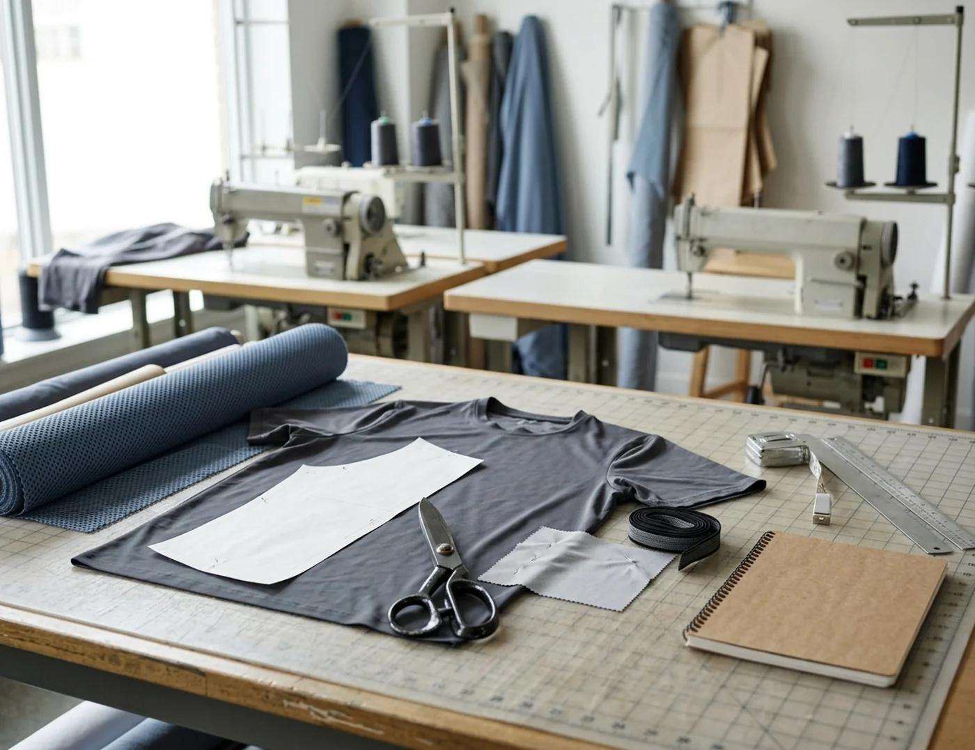 A worktable with shears and a marked-up swatch, where a submitted brief becomes work