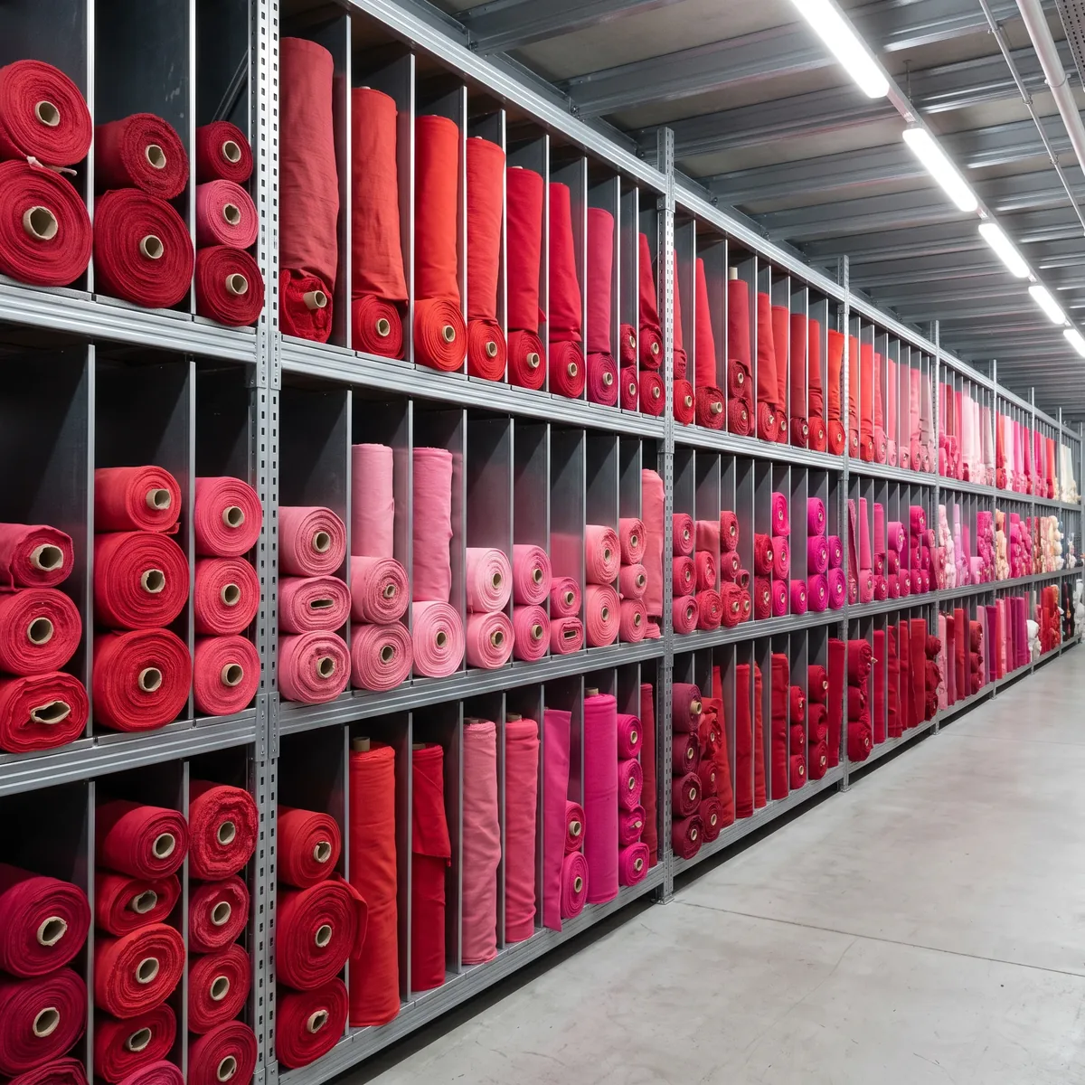 Rolls of red and pink fabric racked on end