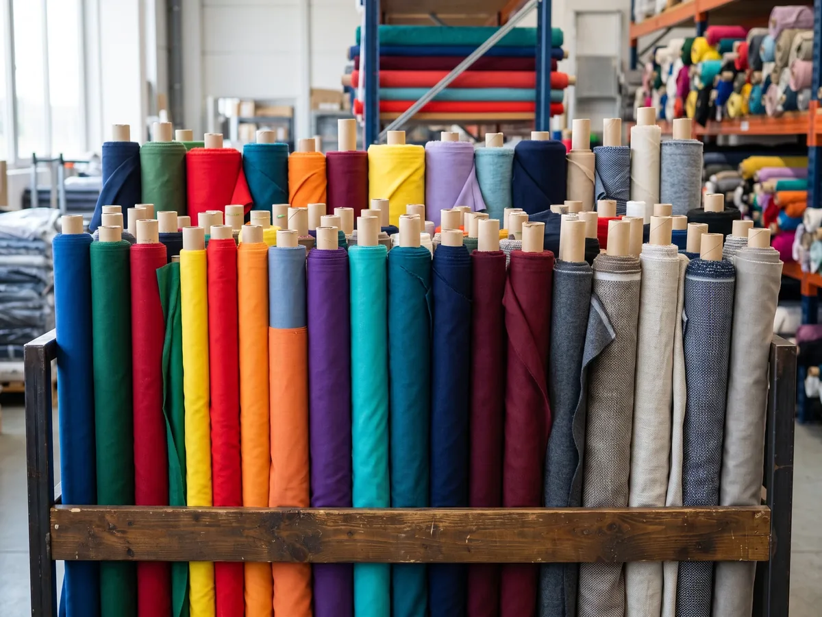 Bolts of fabric in many colours standing side by side