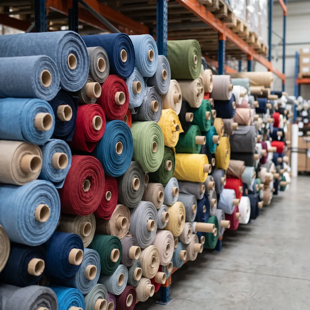 Bolts of fabric stacked in magenta, blue, yellow, red and green