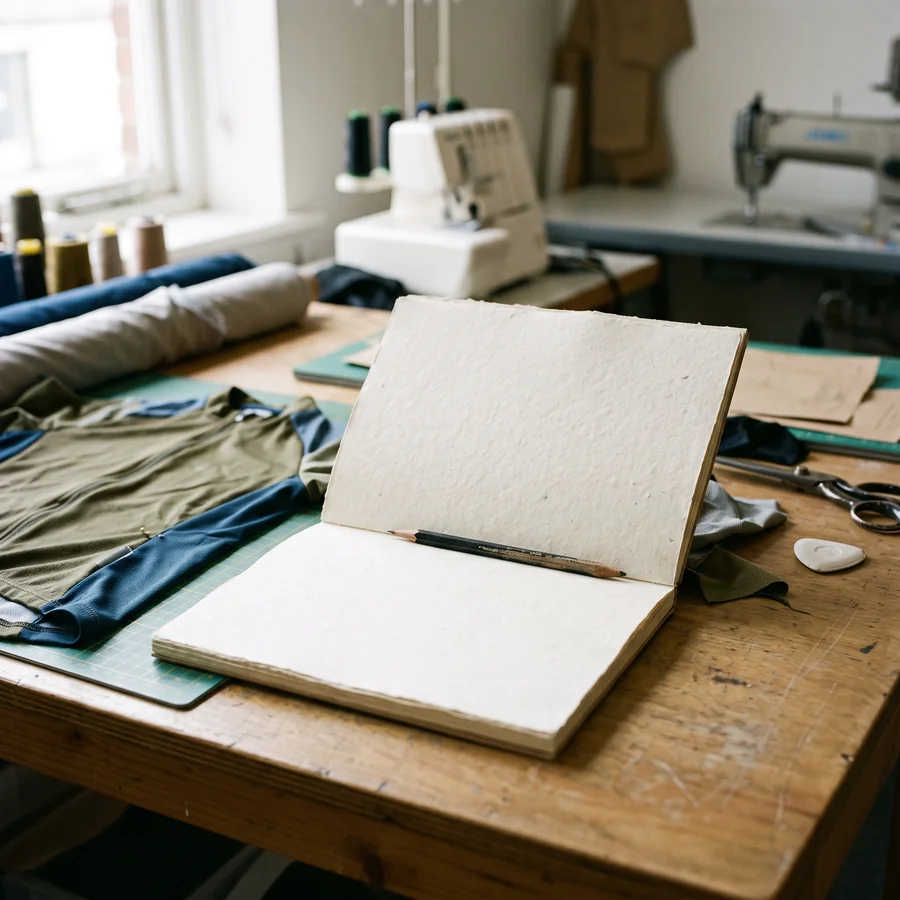 An open blank notebook and folded fabric laid out on a workbench at the start of a design