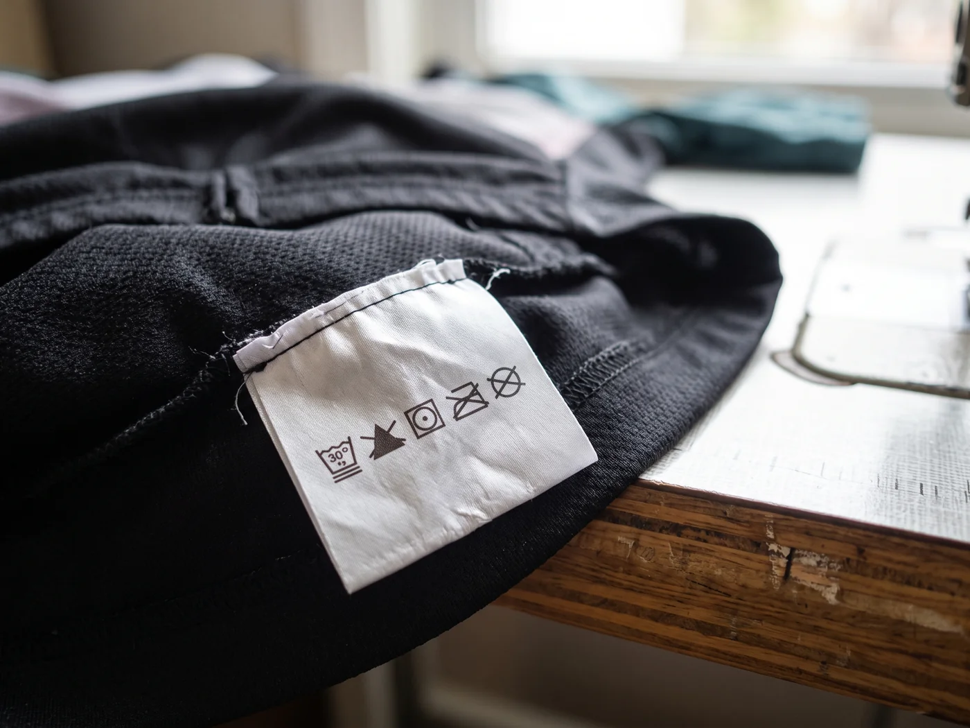 A sewn-in care label showing wash symbols inside a garment hem
