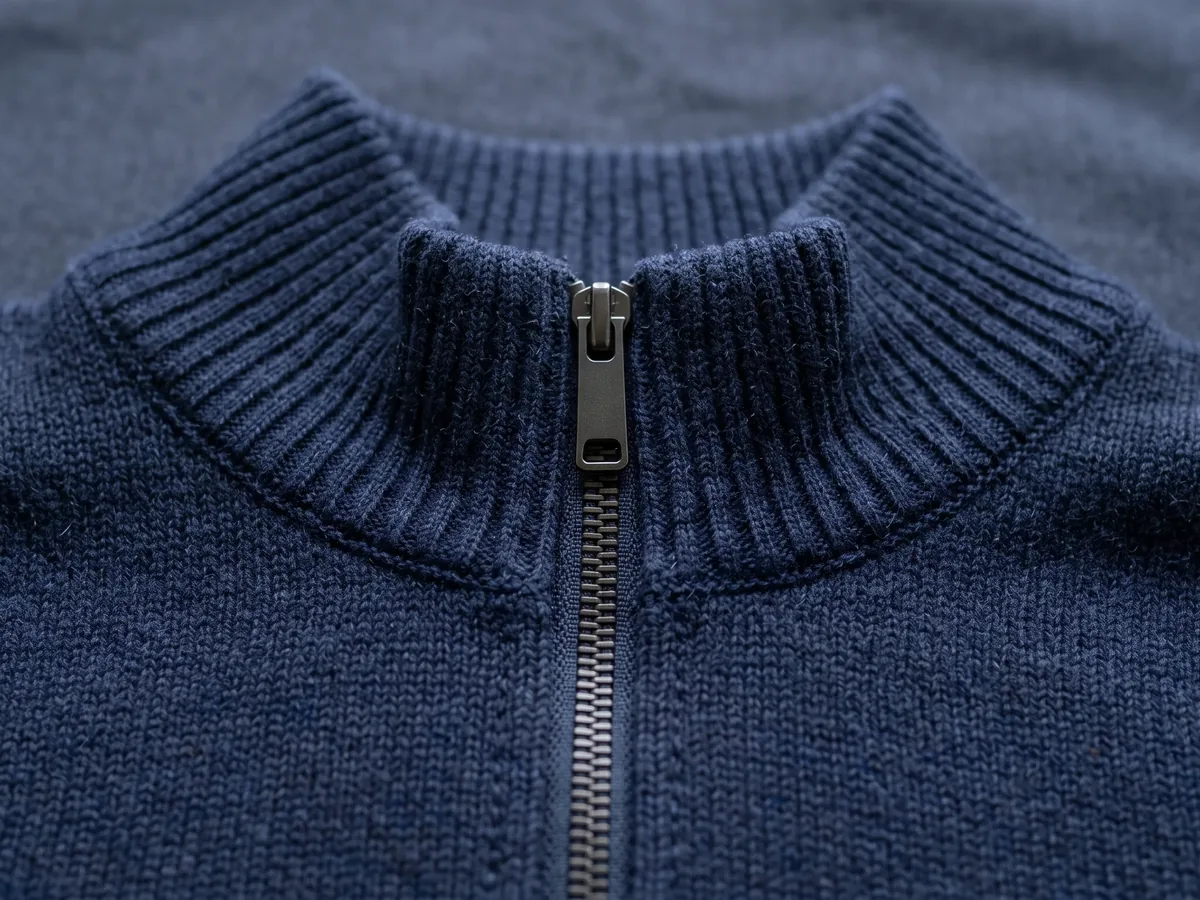 Zip and collar detail on a single finished knit garment