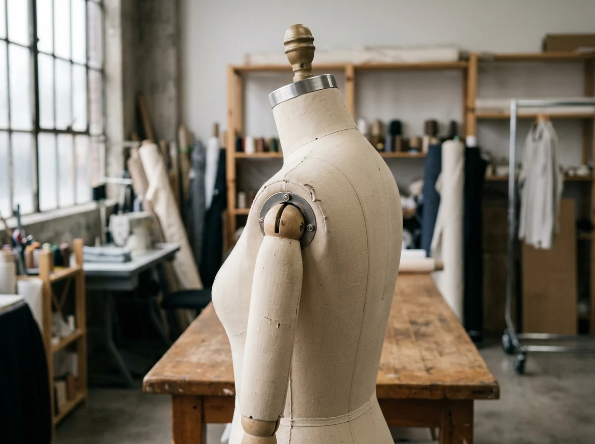 An unclothed canvas dress form, shoulder and upper back