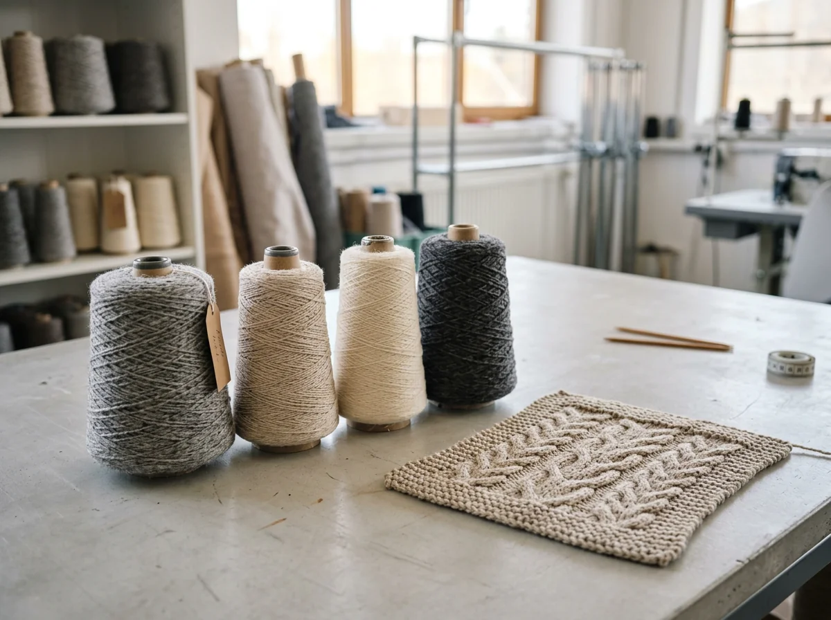 Yarn cones beside a knitted swatch on a work surface