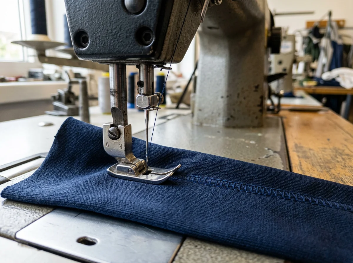 Presser foot, needle and thread closing a seam on a sewing station