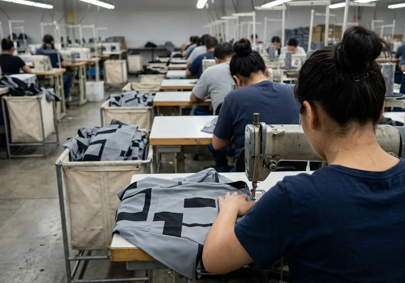Sewing operators at flatlock stations assembling cycling jerseys on a production line