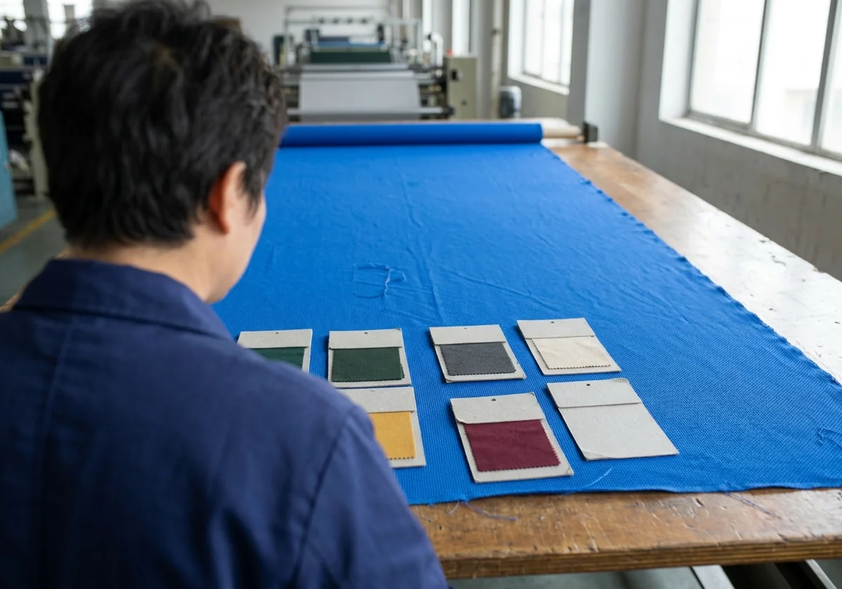 QC inspector measuring incoming cycling fabric against the specification sheet