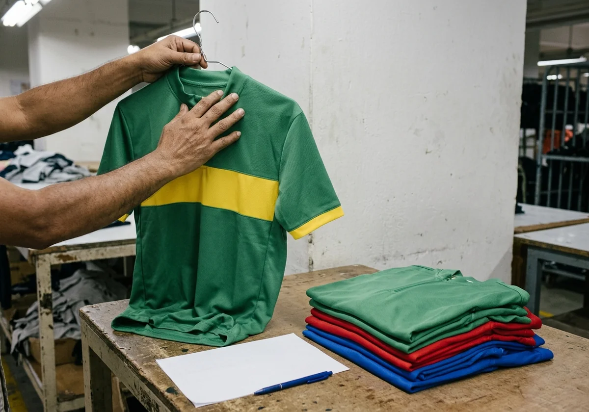 Final pre-shipment inspection comparing finished cycling jerseys to the signed-off sample