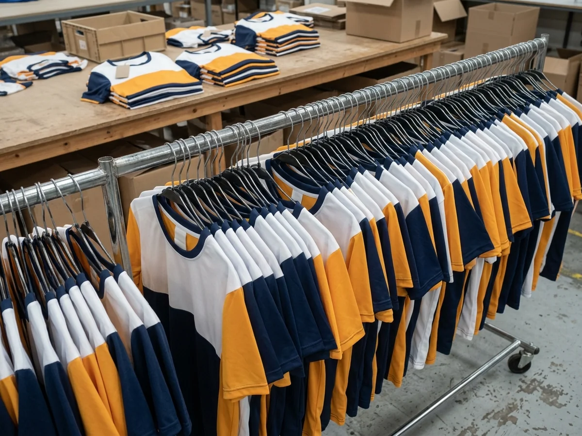 Rack of 240 team cycling jerseys organized by squad for a multi-season club order