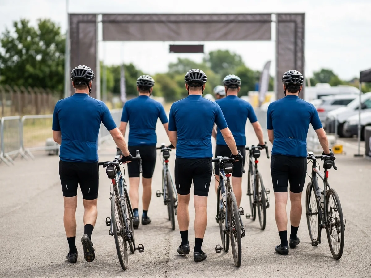 Finisher's jerseys staged at a European amateur road cycling event delivered in two shipments
