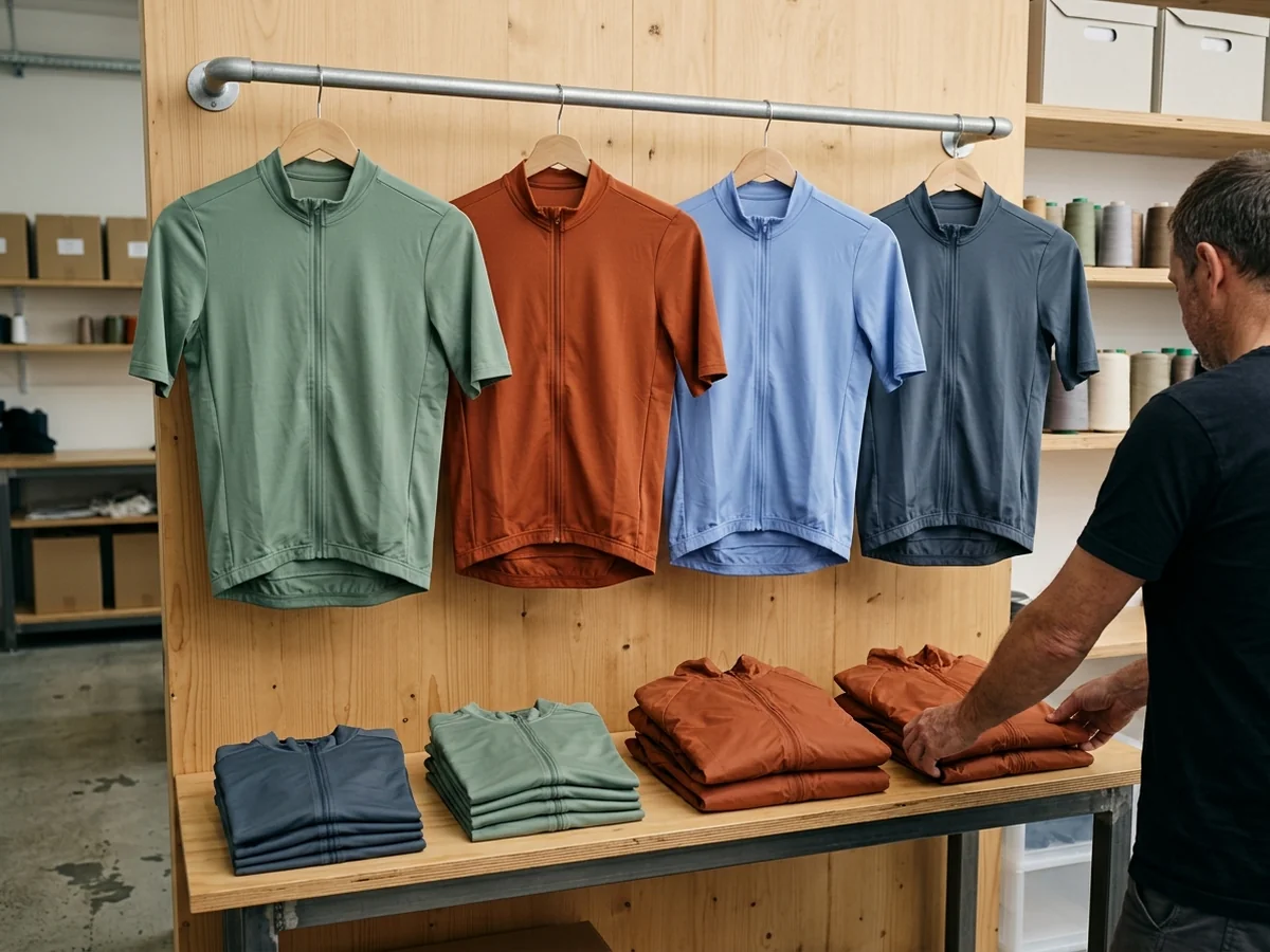 Bike shop storefront display of a house-brand jersey in four standing colors