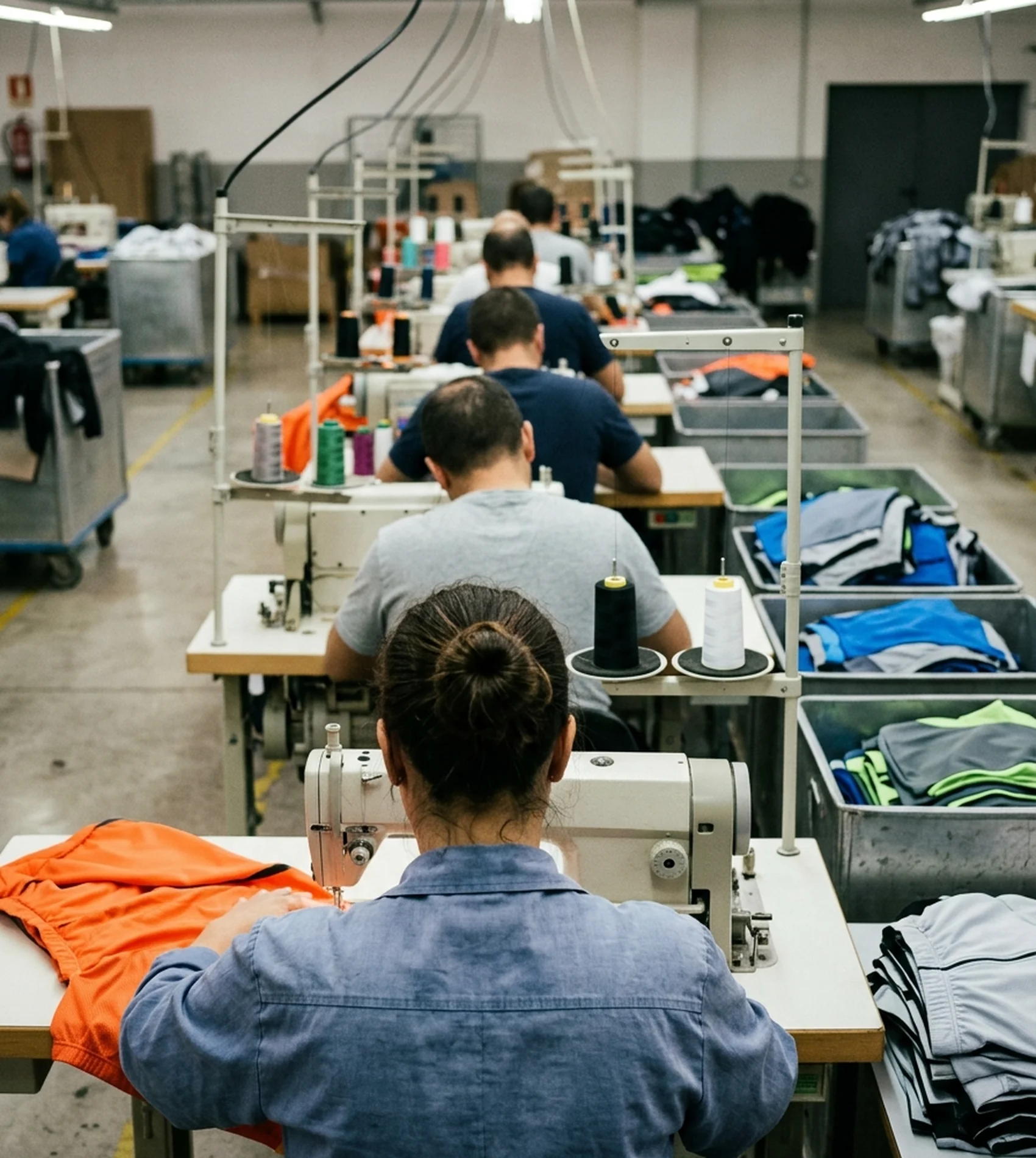Apparel workers sewing colorful cycling garments in an active workshop