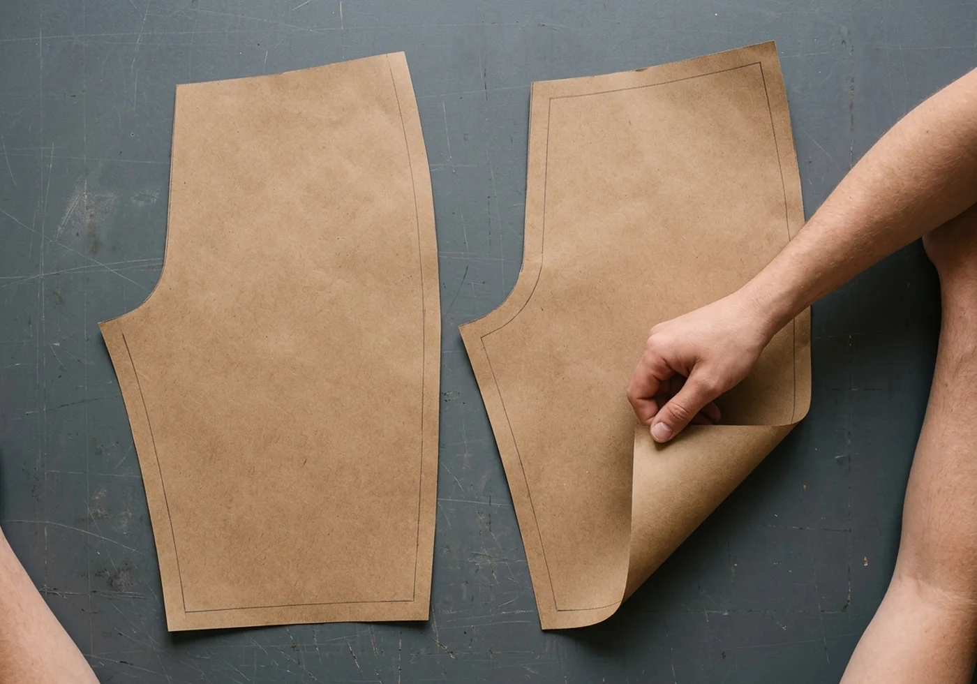 Pattern piece for a mountain bike short showing added articulation at the knee and seat