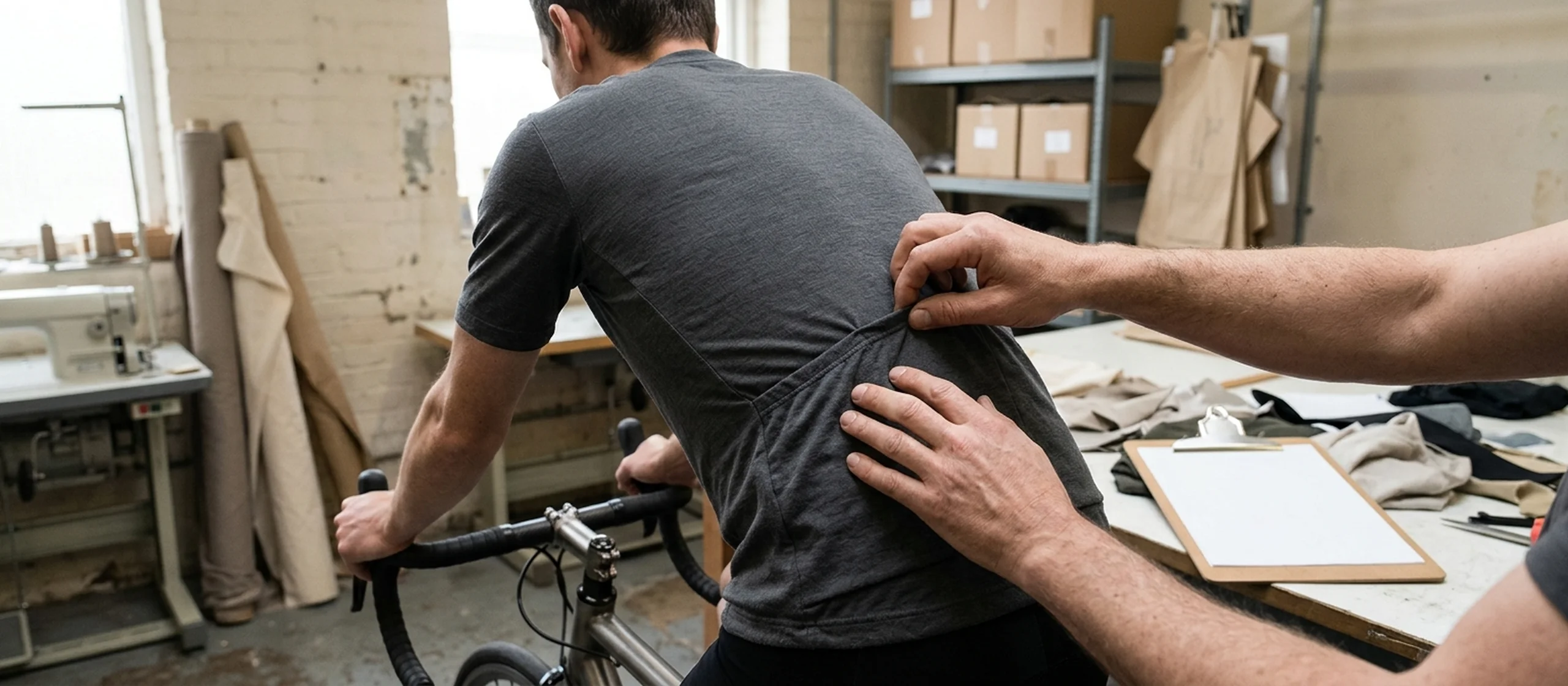 Buyer checking a signed-off cycling jersey sample against fit, print alignment, and colorfastness before bulk production