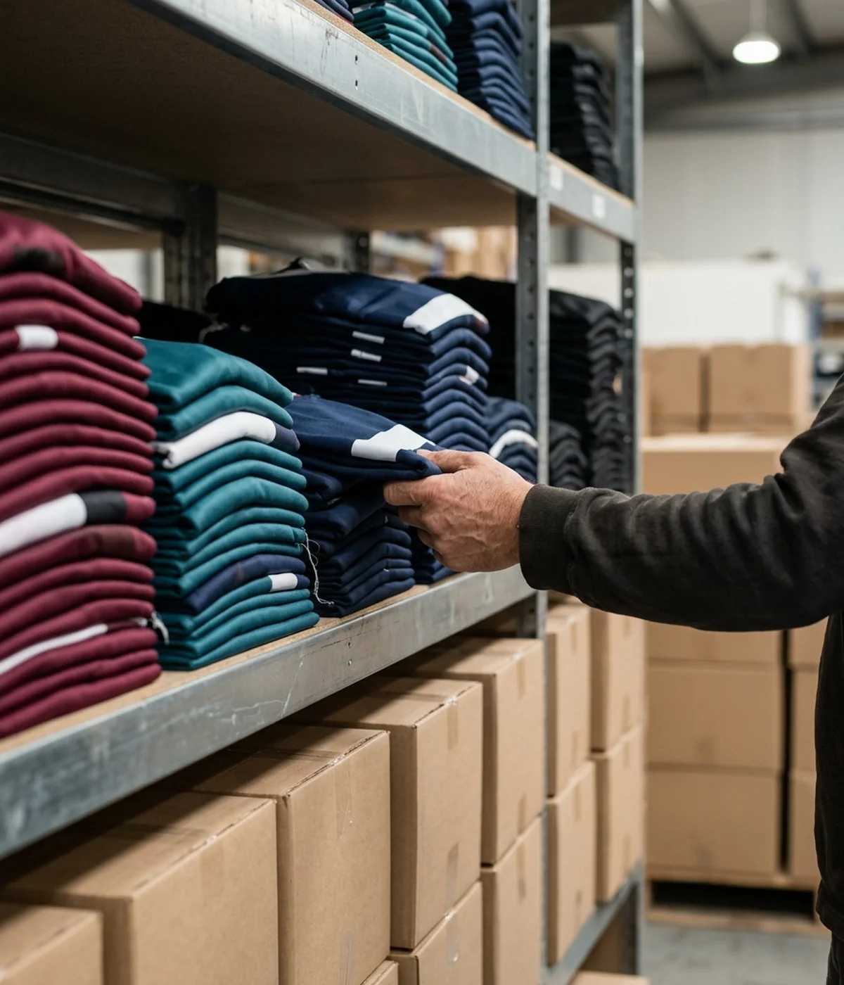 Warehouse shelf of folded house-brand jerseys in four standing colorways ready for a quarterly restock