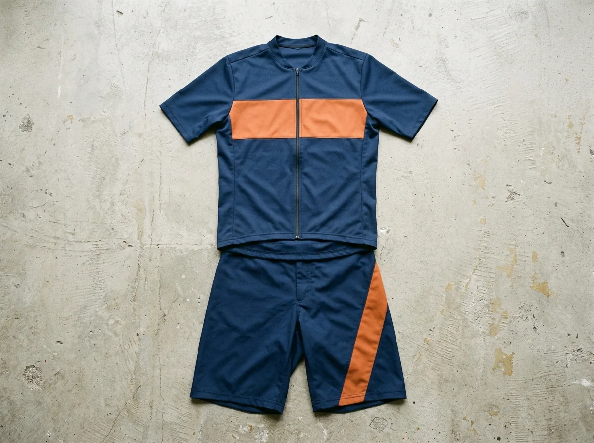 Matching cycling kit set, jersey and bib shorts in coordinated color-blocked design