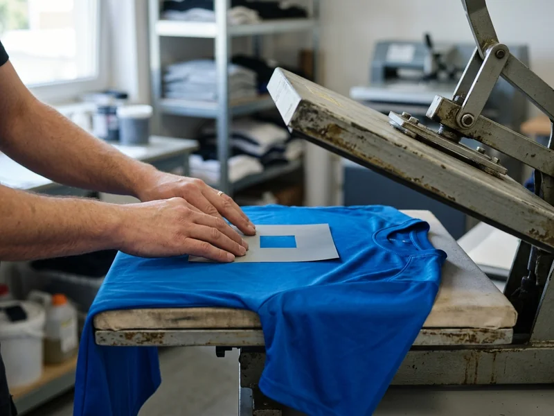 Heat transfer press applying a sponsor logo onto a cycling jersey