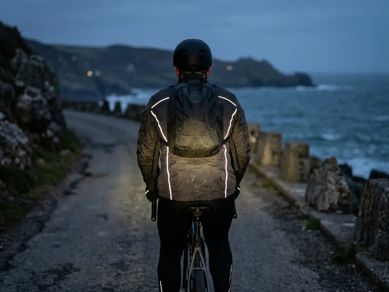 Cyclist riding at dusk in a jacket with reflective print strips
