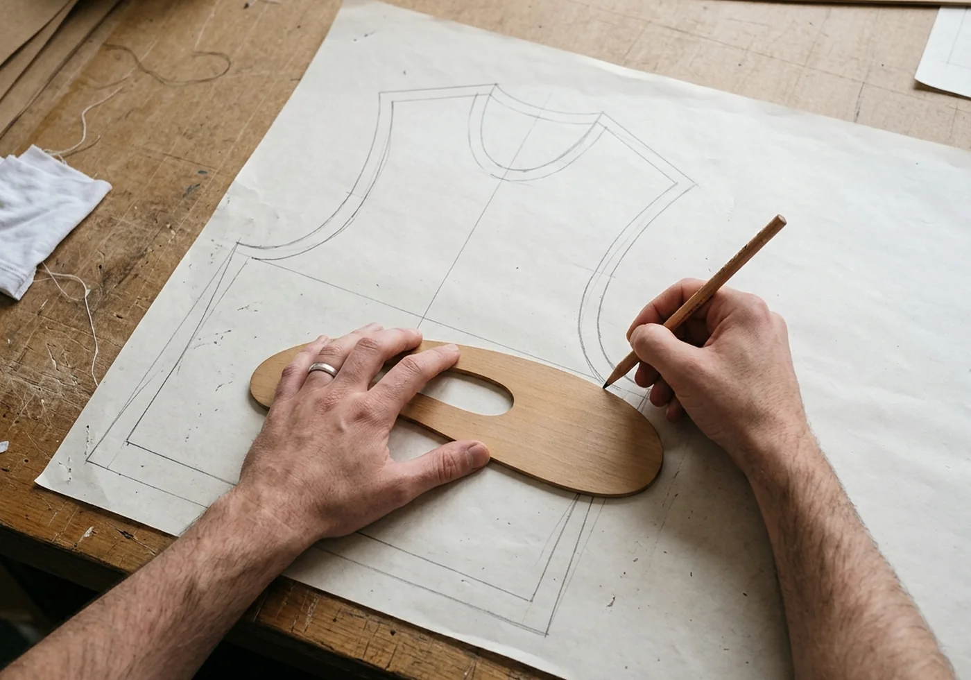 Pattern maker drafting cycling jersey panels against a riding-posture reference
