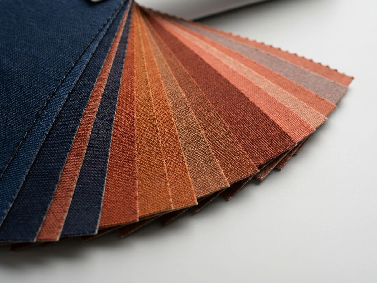 Fan of fabric swatches running from navy through to terracotta