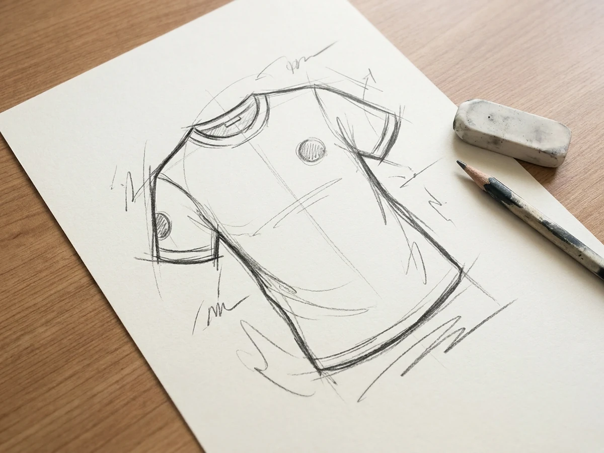 Pencil sketch of a short-sleeve jersey on paper beside a pencil and eraser